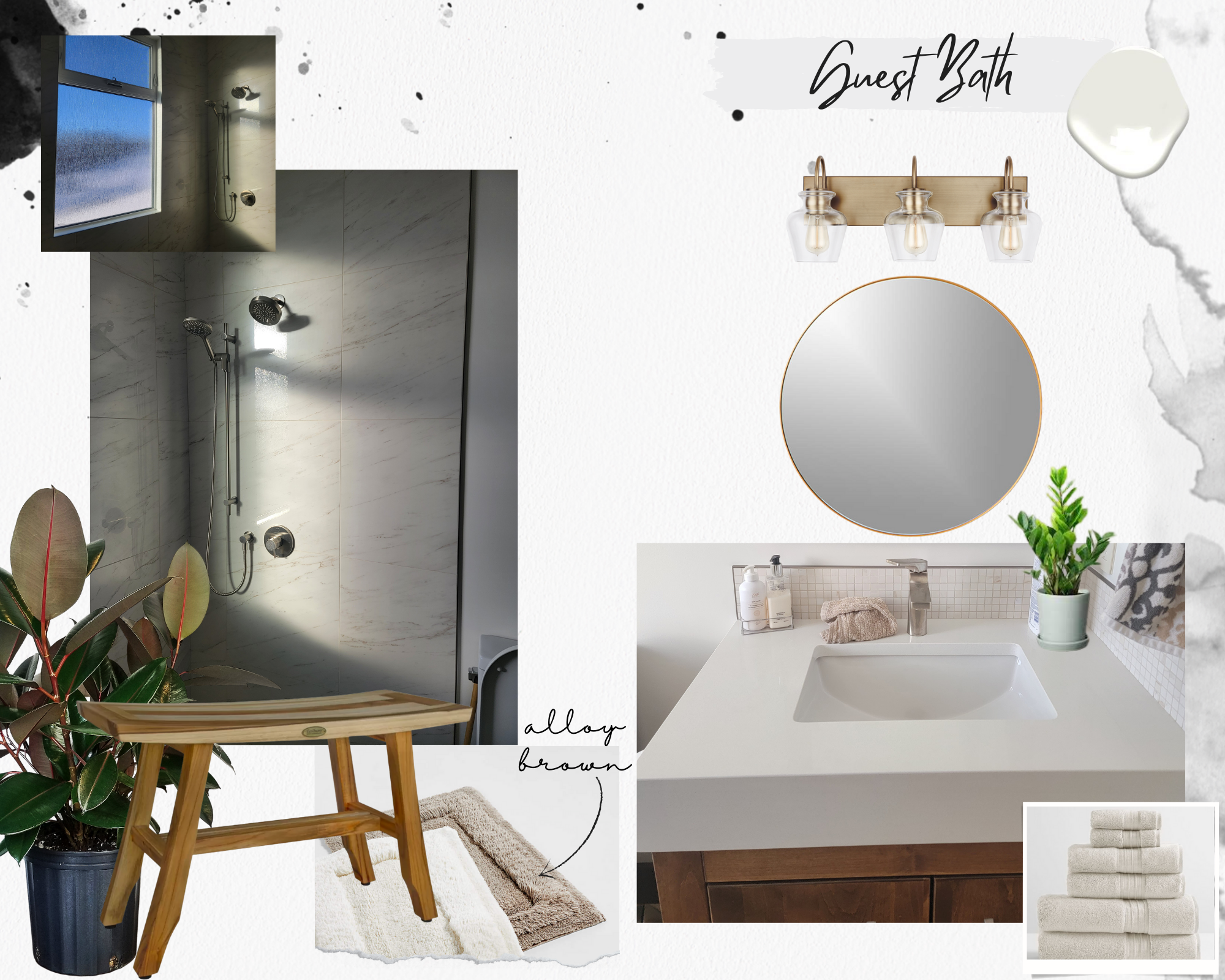 a guest bathroom turned spa oasis by choosing new brass light fixtures for above the sink as well as a brass framed mirror, large and small plants for decor, new plush bath matts and a wooden bench for the shower