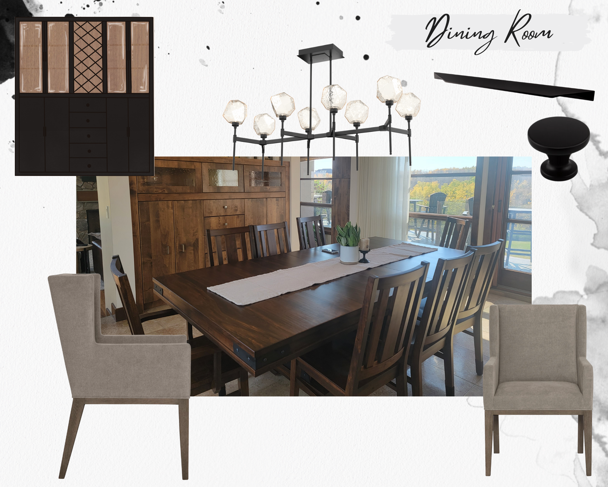 painted black display cabinet and wine rack, greyish brown upholstered chairs for the ends of the table, black hardware for the cabinet and lighting fixture