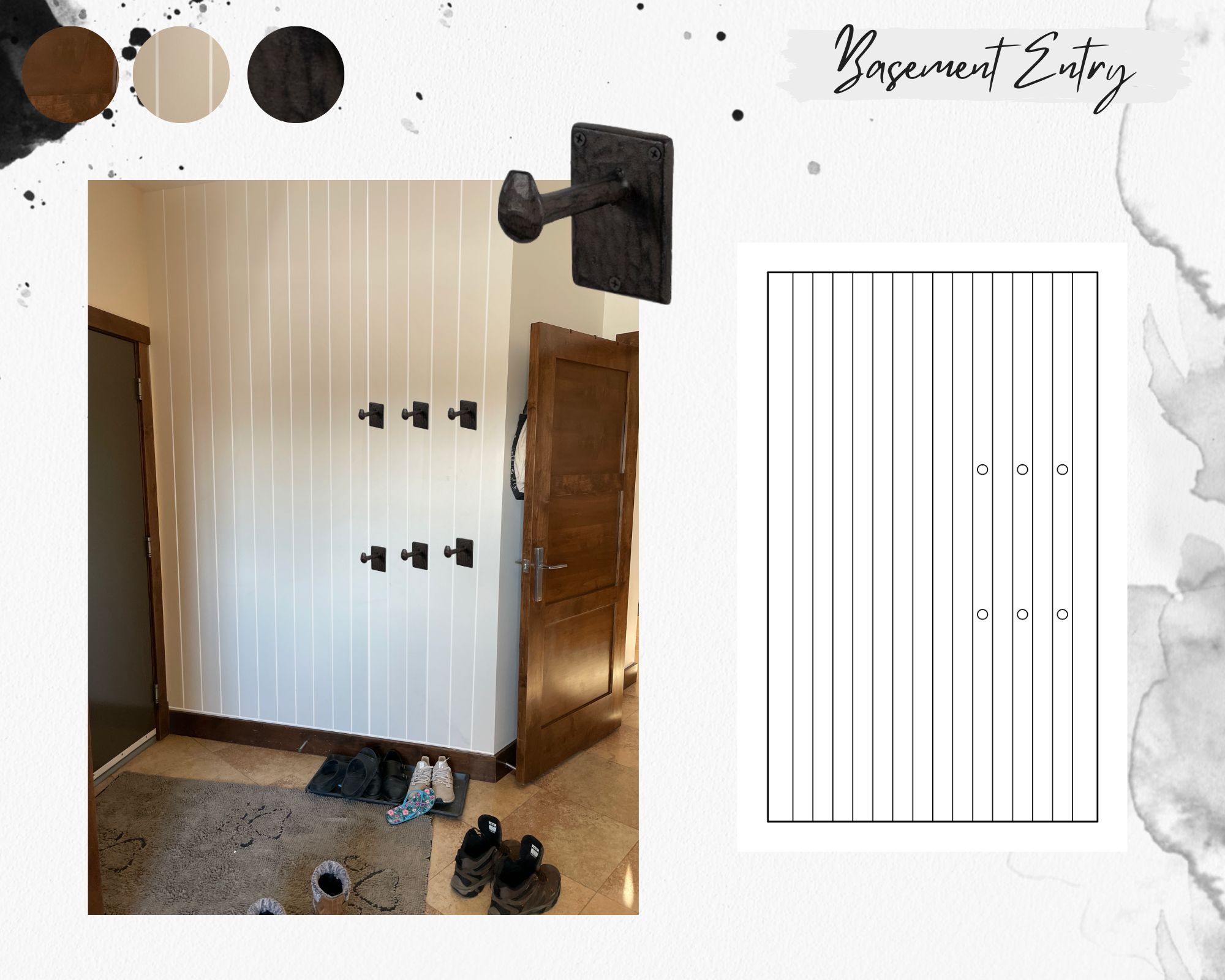 the basement entryway design board shows the colour scheme, and black stone hooks on a panelled white wall.