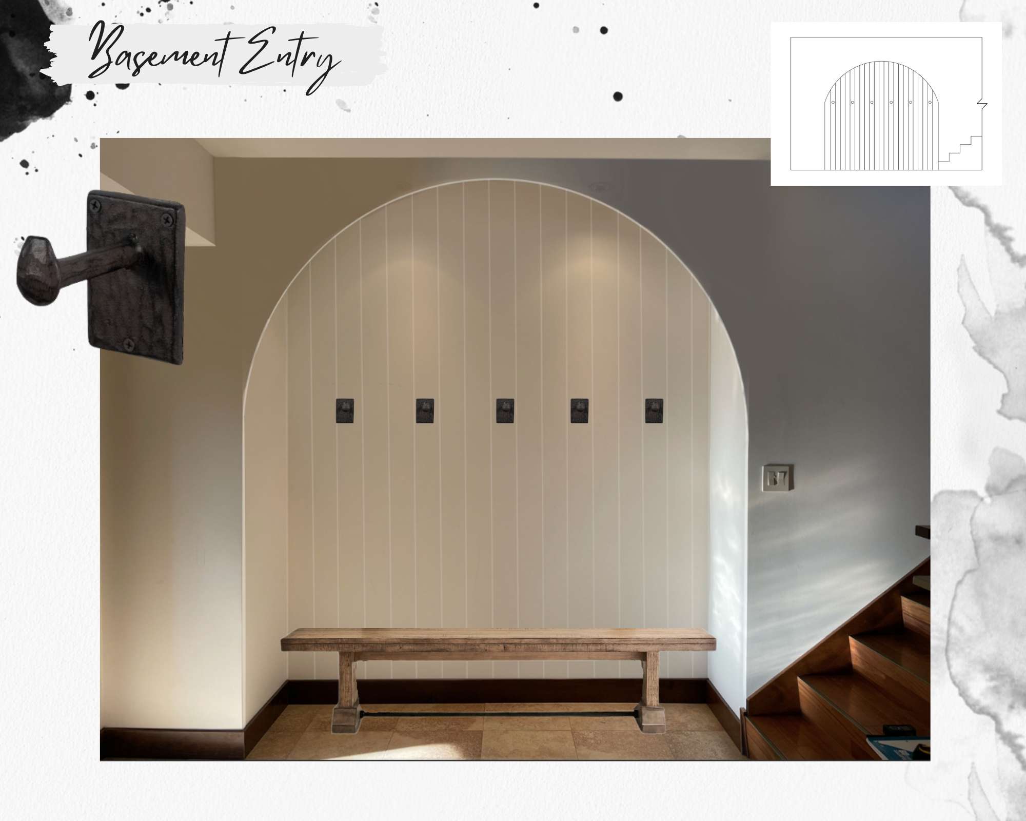 this design board shows a 3D mock-up for an arch entrway with a wooden bench and stone black hooks as well as a white panelled wall