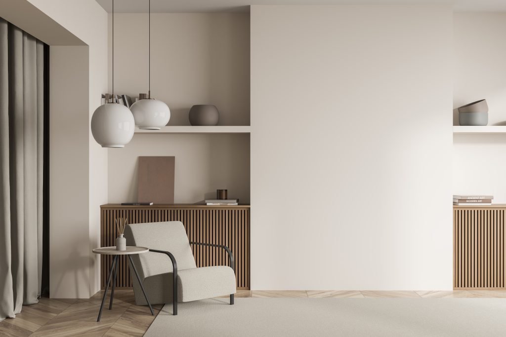Seating area with an armchair in a modern beige living room