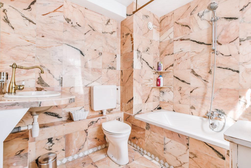 Luxurious bathroom interior design with unusual ceiling