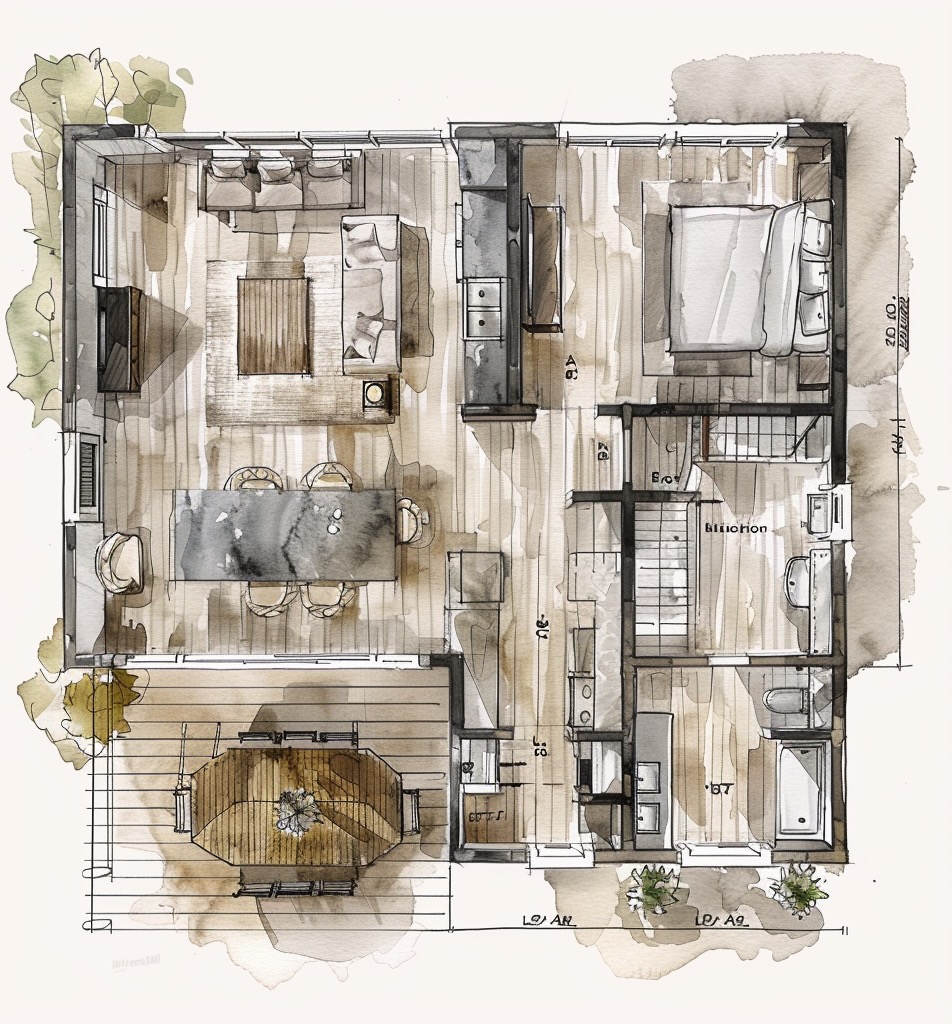 A watercolour sketch of a floorplan