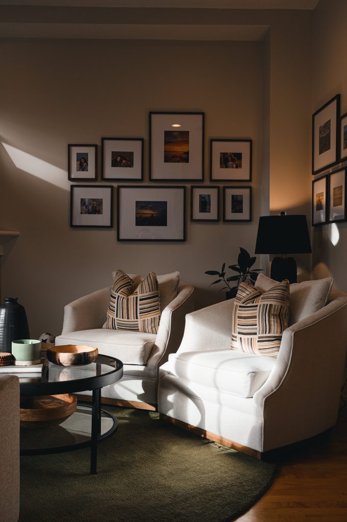 Cozy luxury killarney home interior decorating Living Room natural sunlight unshelf design. Dark and moody living room with glass coffee table styled with modern decor.