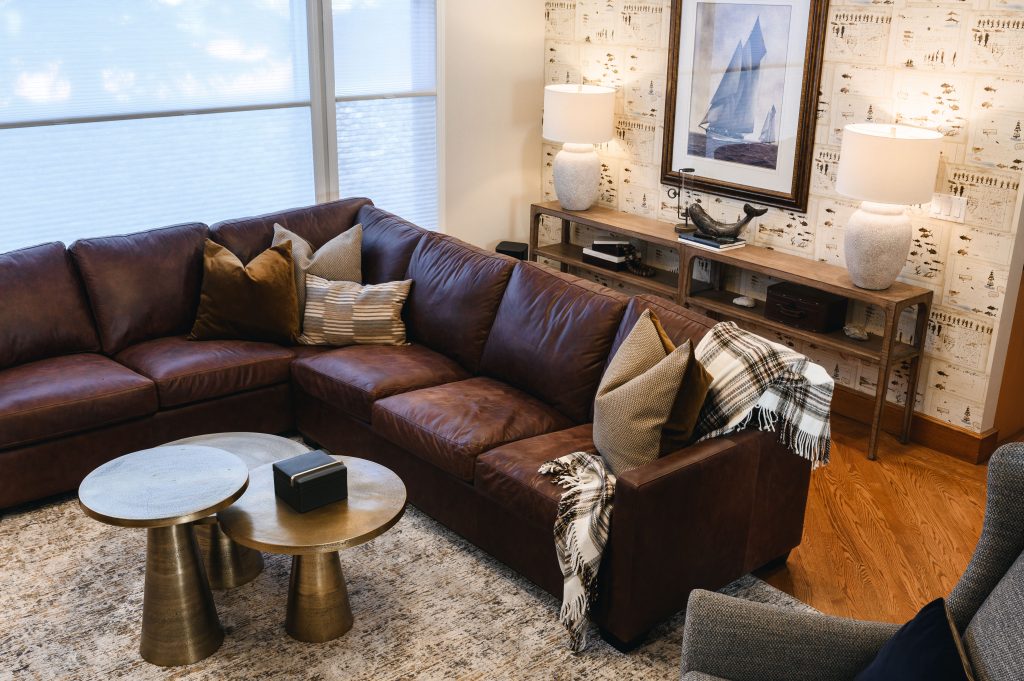 Tuscany Estate Interior Decorating Living Room Cozy Living Room Unshelf Design. Large leather sectional sofa with 3 nesting coffee tables.