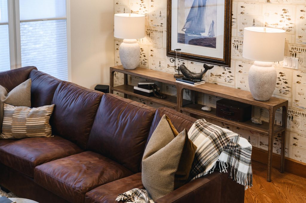 Tuscany Estate Interior Decorating Living Room Large Sofa Unshelf Design. Console table decor.
