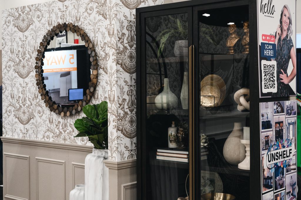 Renovation Show Stately Room Interior Decorating Stately Details of Bookcase Unshelf Design. Modern Wood Storage unit styled with modern decor.