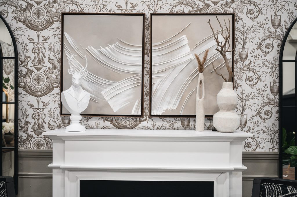 Renovation Show Stately Room Interior Decorating Stately Living Room Fireplace Feature Wall Unshelf Design. Abstract artwork centred over a fireplace.