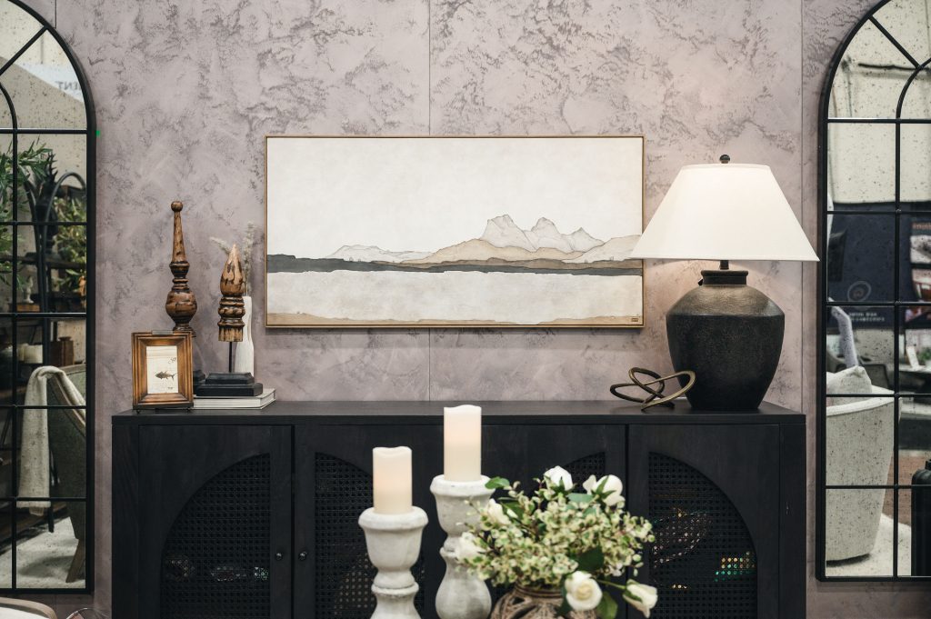Renovation Show Wabi Sabi Room Interior Decorating Wabi Console Details Unshelf Design. Large abstract artwork above console table.