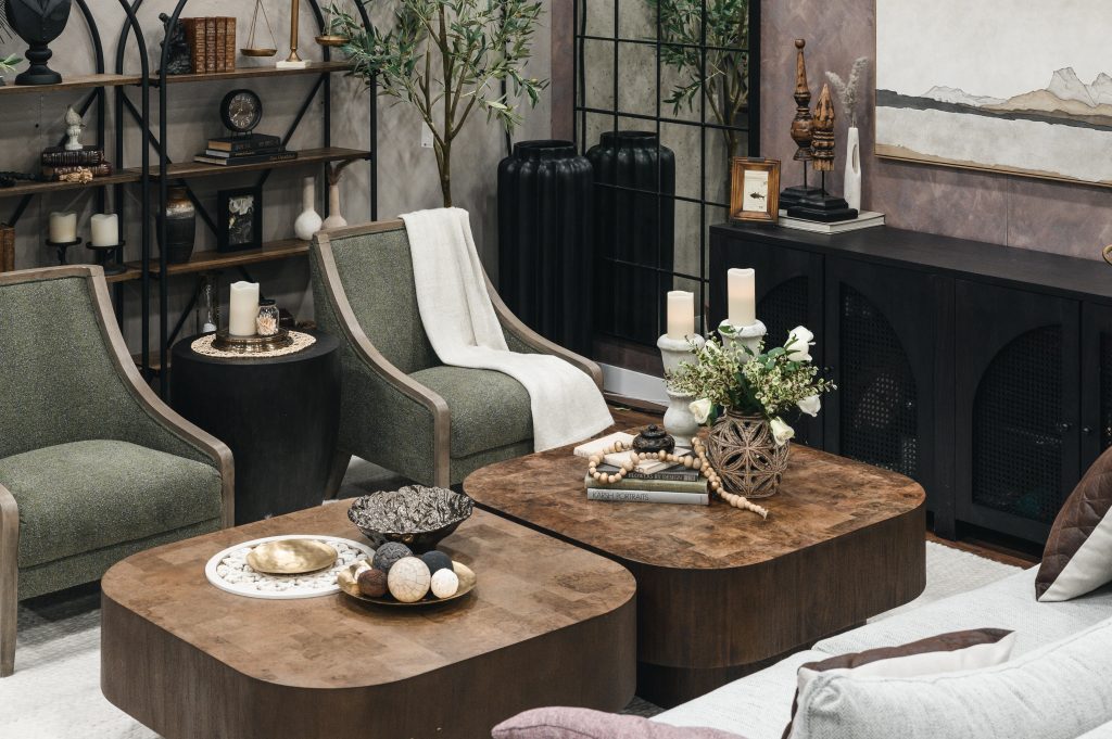 Renovation Show Wabi Sabi Room Interior Decorating Wabi Room Green Side Chairs Unshelf Design. Large olive tree in living room.