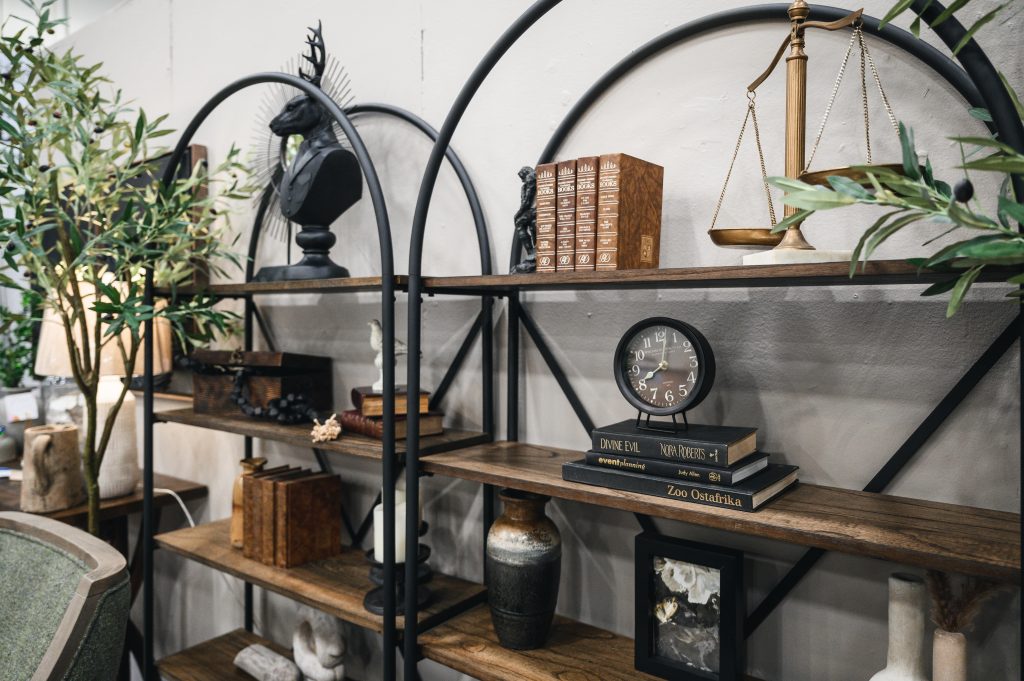 Renovation Show Wabi Sabi Room Interior Decorating Wabi Shelfie Modern Black and Brass Decor Unshelf Design. Modern decor on bookcase.