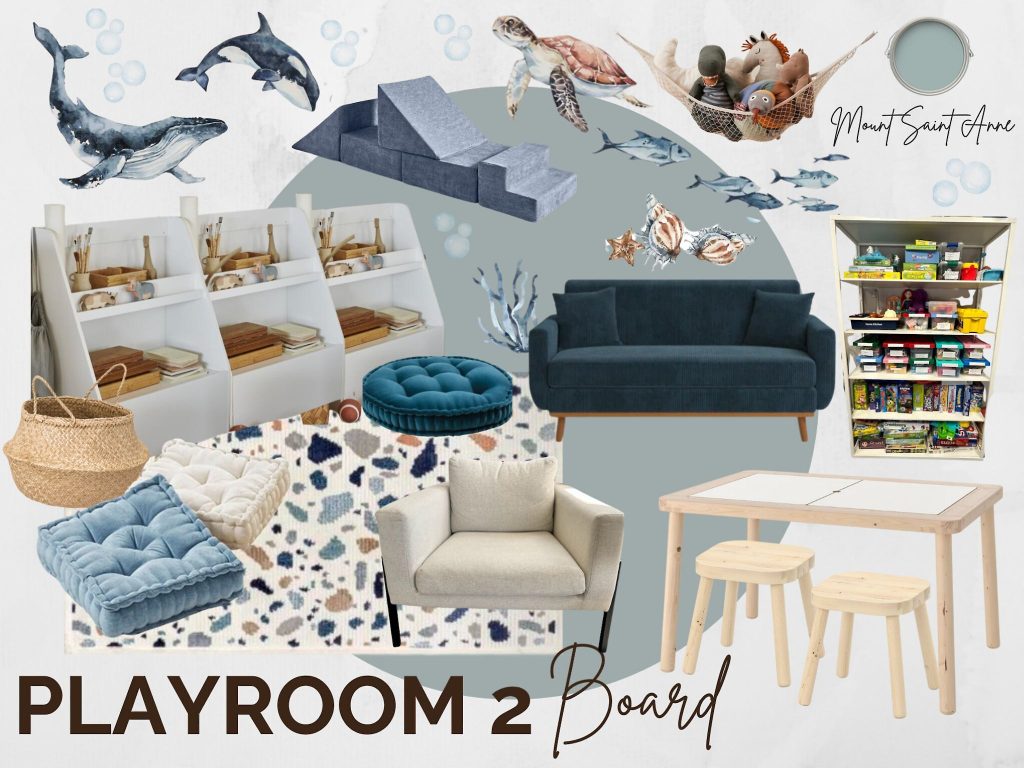 Psychology clinic commercial decorating blue ocean decal wall Unshelf Design. Blue children's playroom with plant.