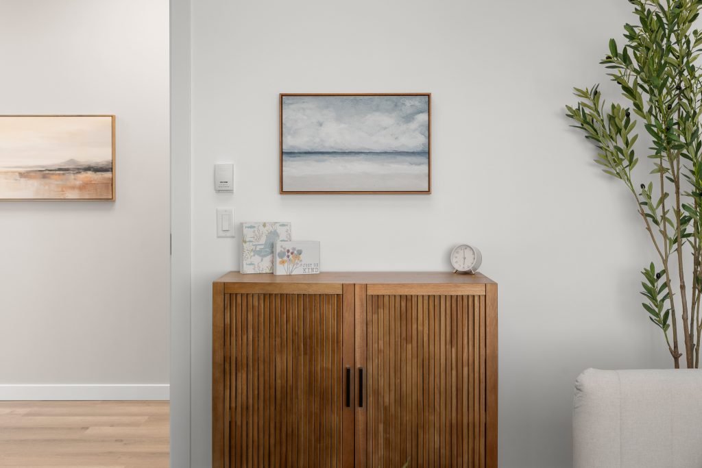 Psychology clinic commercial decorating peaceful office Unshelf Design. Serene office decor with wooden storage cabinet.