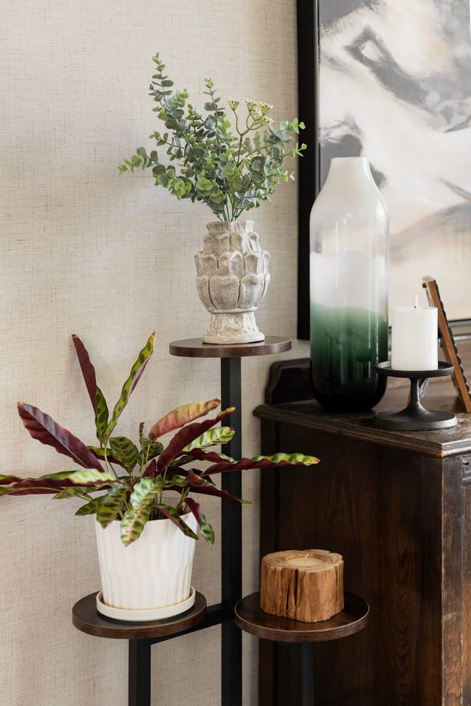 Dark plant shelf with two plants in light colored plant pots. Modern mountain design interior furnishing & decorating plant shelf details Unshelf Design