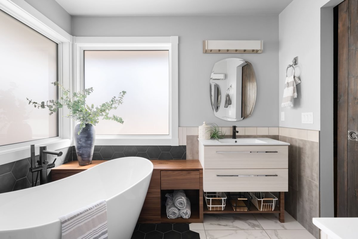 Modern ranch bungalow interior design and furnishing bright primary bathroom Unshelf Design