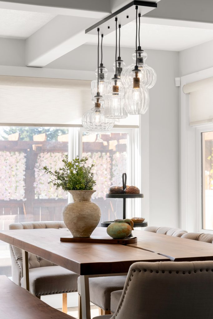Modern ranch bungalow interior design and furnishing dining room light fixture Unshelf Design