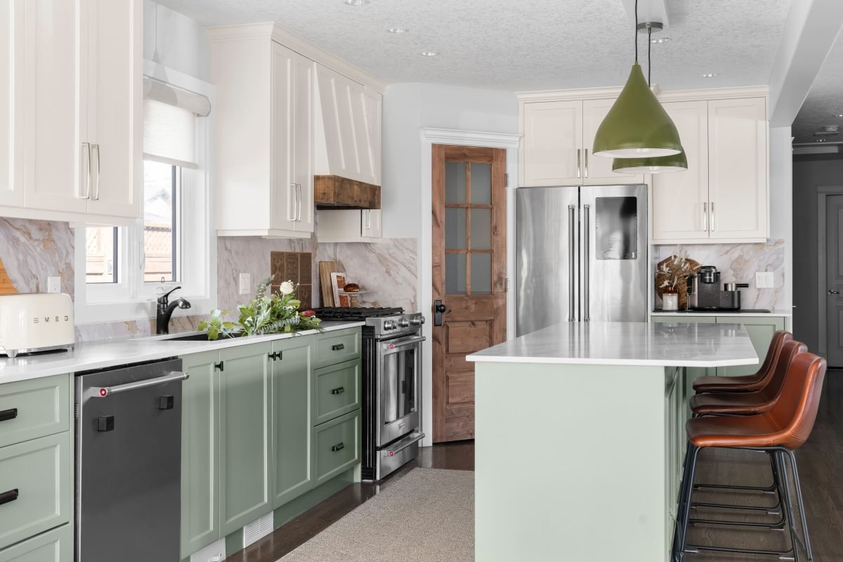 Modern ranch bungalow interior design and furnishing kitchen leather bar stools Unshelf Design