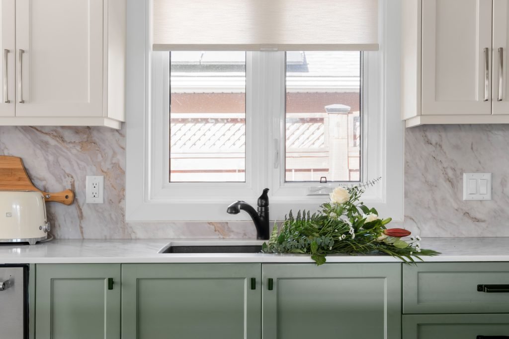 Modern ranch bungalow interior design and furnishing marble backsplash Unshelf Design