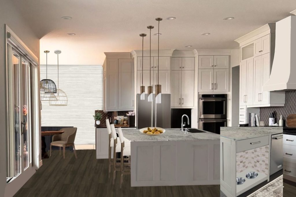 a bright modern kitchen with gorgeous tiled flooring to reflect the natural light. staged with a shimmering vase and sage