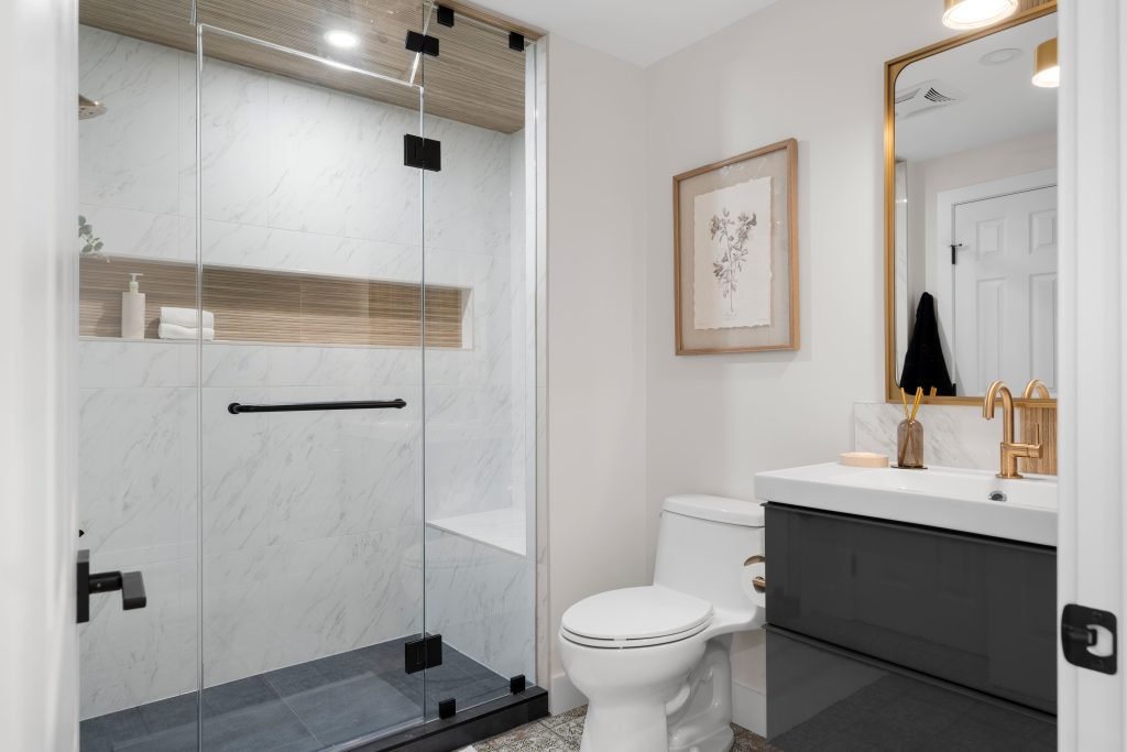 basement wellness space build out interior design and furnishing bathroom overview unshelf design