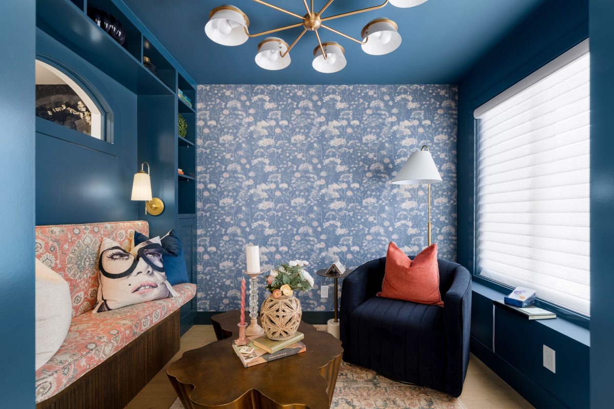 basement wellness space build out interior design and furnishing blue home library unshelf design