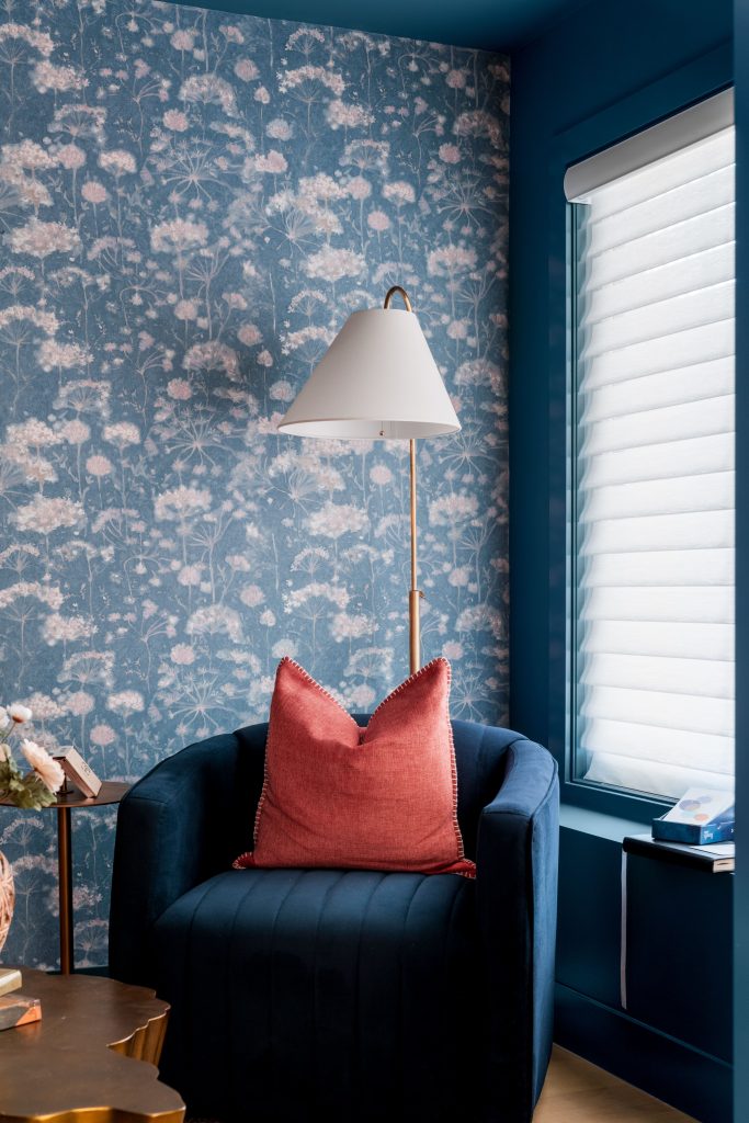 basement wellness space build out interior design and furnishing blue toned wallpaper unshelf design