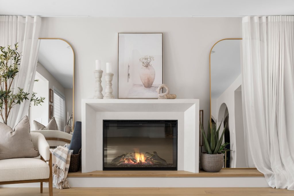 basement wellness space build out interior design and furnishing fireplace makeover unshelf design