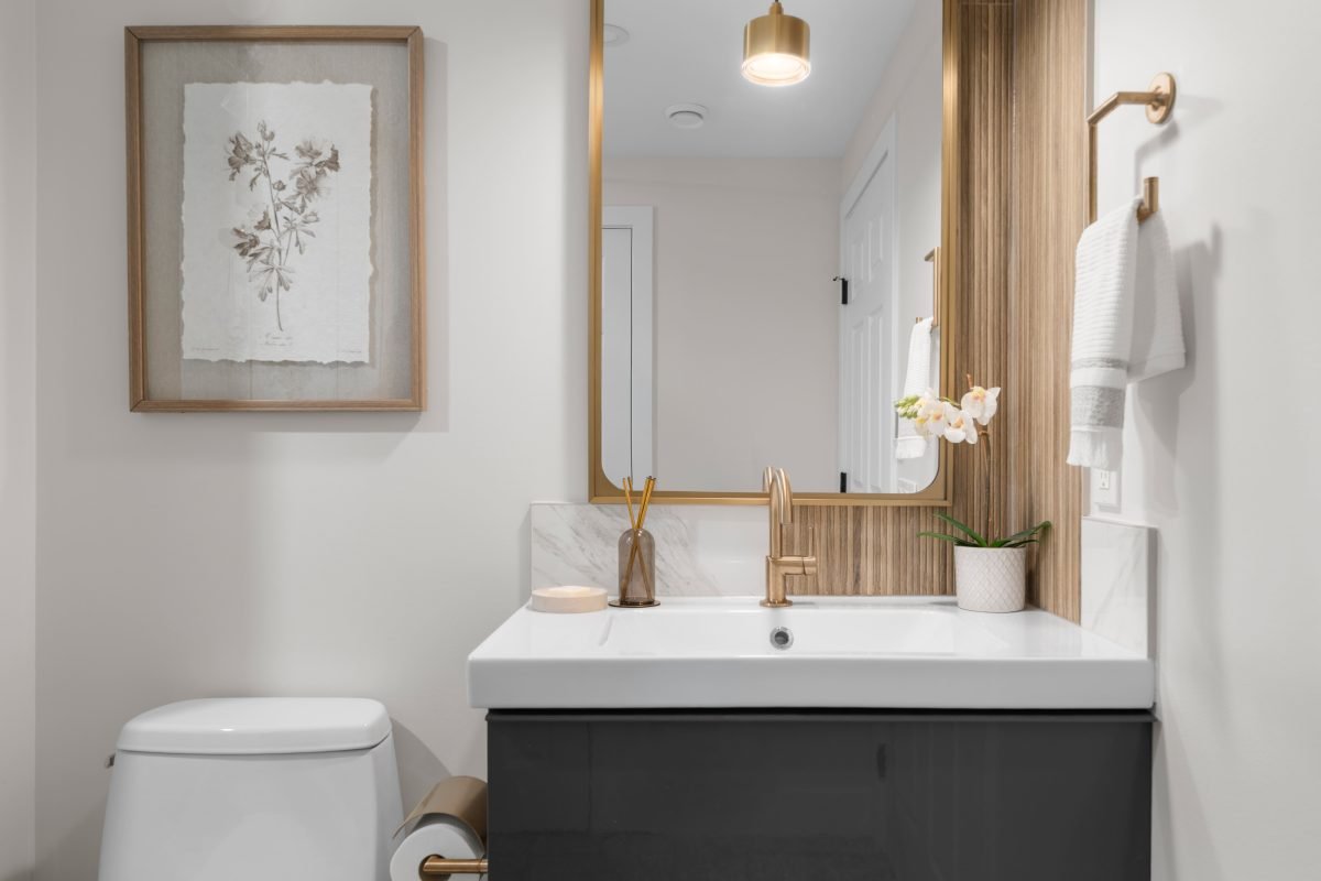 basement wellness space build out interior design and furnishing gold bathroom details unshelf design