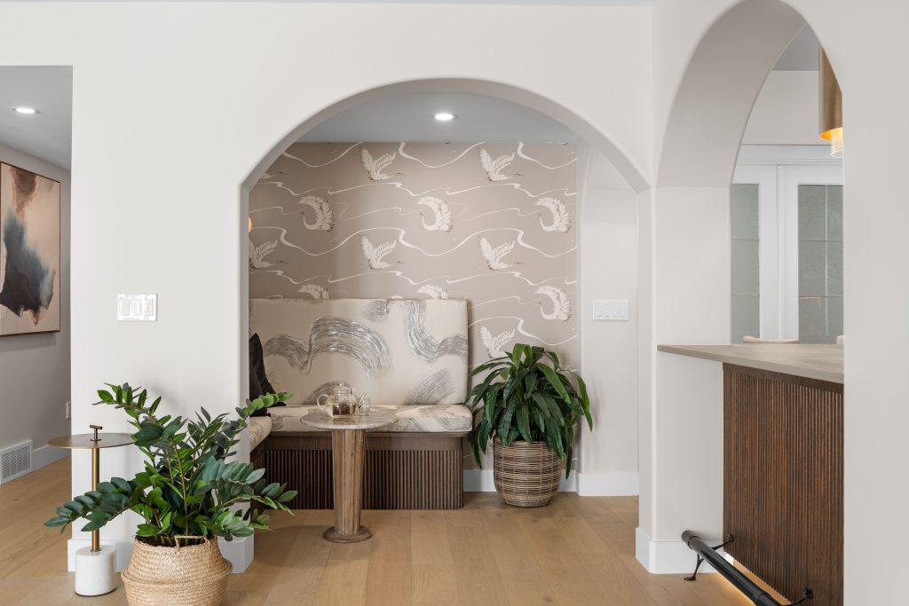 basement wellness space build out interior design and furnishing niche built in bench unshelf design