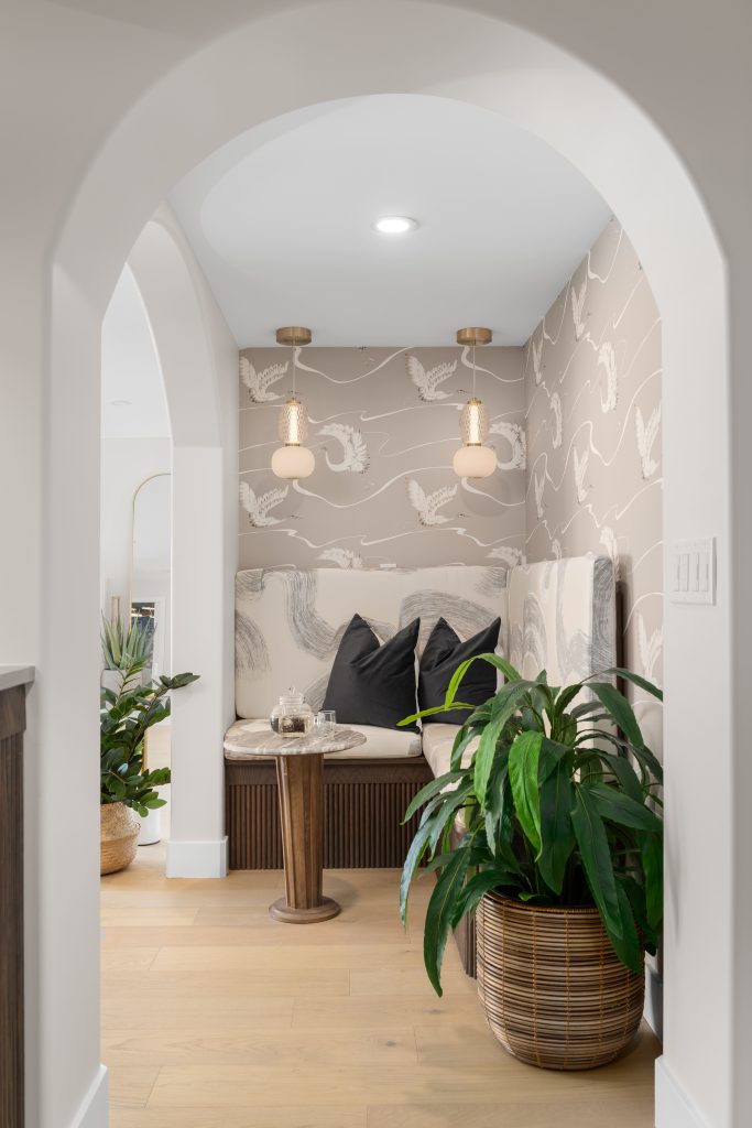 basement wellness space build out interior design and furnishing wallpapered niche unshelf design