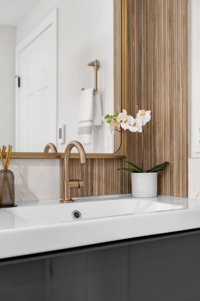 basement wellness space build out interior design and furnishing warm bathroom fixtures unshelf design