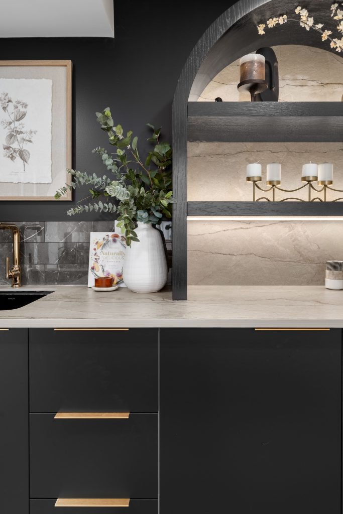 basement wellness space build out interior design and furnishing wellness bar porcelain countertop unshelf design