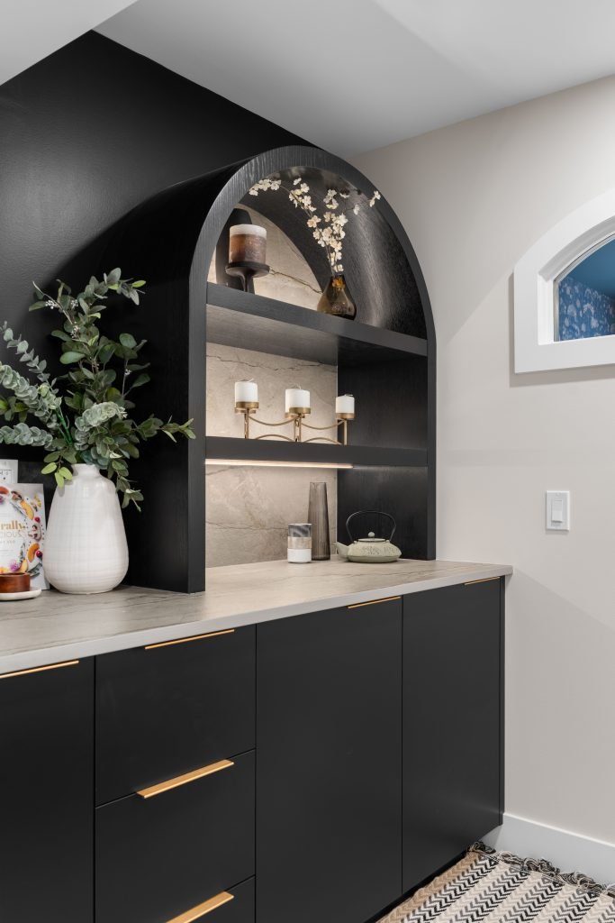 basement wellness space build out interior design and furnishing wet bar shelving unshelf design