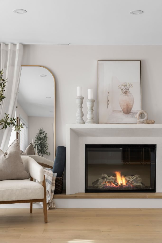 basement wellness space build out interior design and furnishing yoga room with fireplace unshelf design