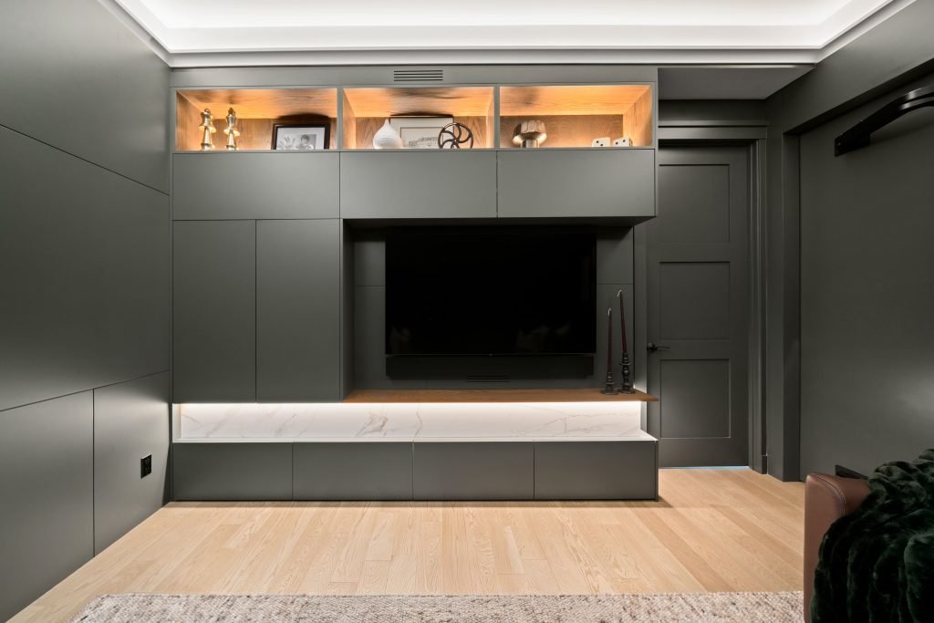 sophisticated luxury penthouse design interior design and furnishing built in media room storage unshelf design